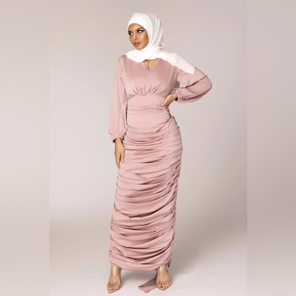 Veiled collection Selena Rouched Wrap Waist Gown - Dusty Pink.